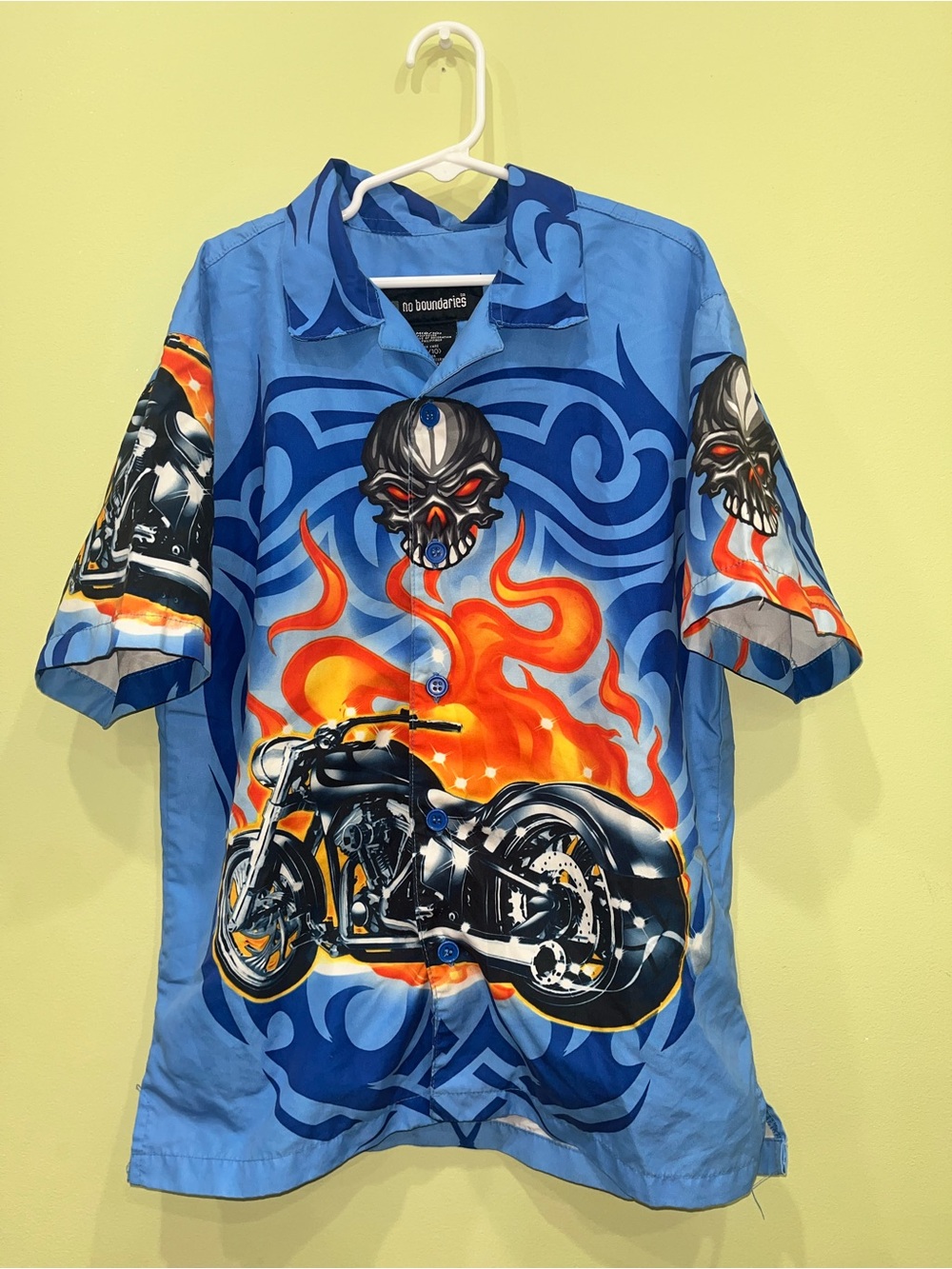 Vintage Y2K No Boundaries Motorcycle Skull Flames Shirt Boys Size M 8-10